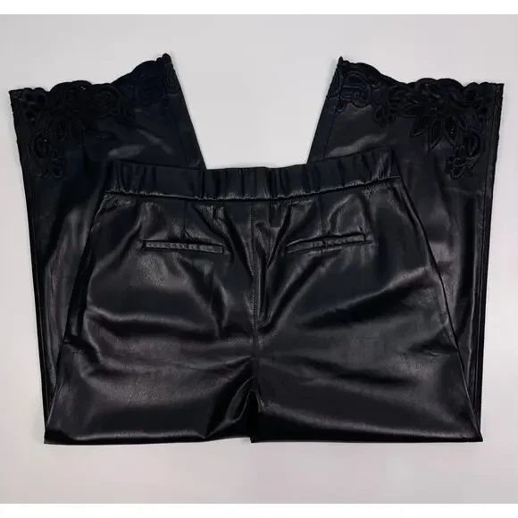 Chico’s Black Faux Leather Lace Hem Cropped Trousers Pants Size 10 Petite - Picture 2 of 13
